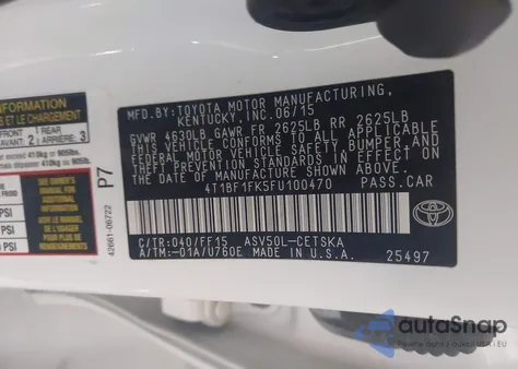 2015 Toyota Camry Se from USA, damaged, VIN 4T1BF1FK5FU100470